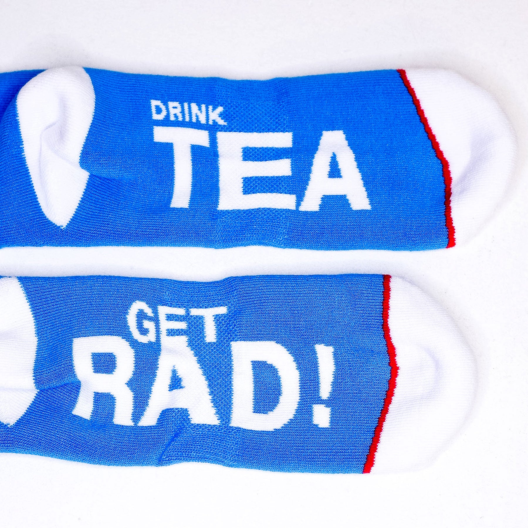 'DRINK TEA, GET RAD!' SOCKS - Blue, Red & White