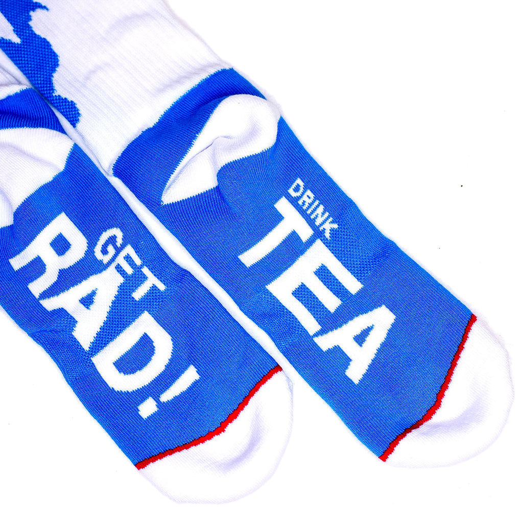 'DRINK TEA, GET RAD!' SOCKS - Blue, Red & White