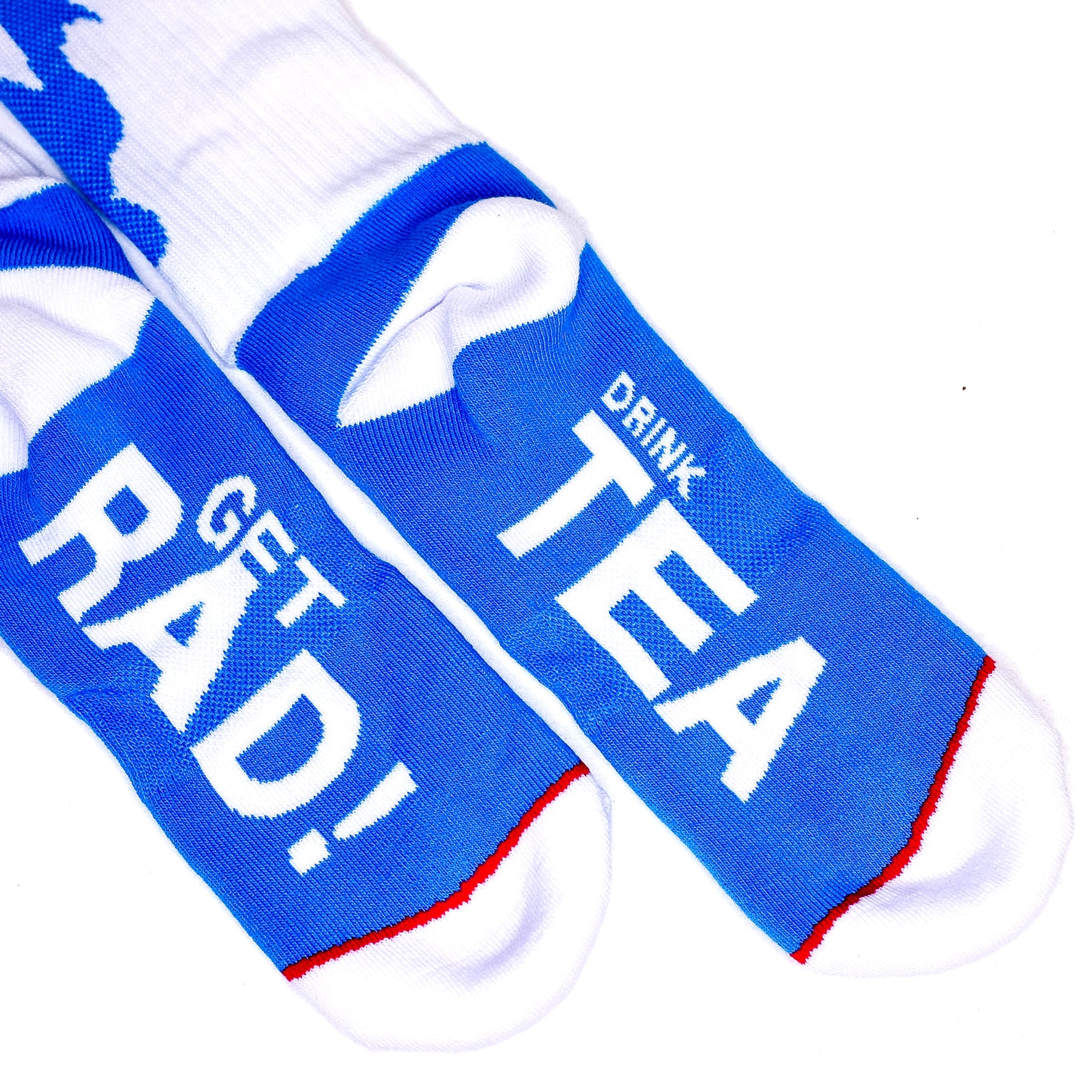 'DRINK TEA, GET RAD!' SOCKS - Blue, Red & White